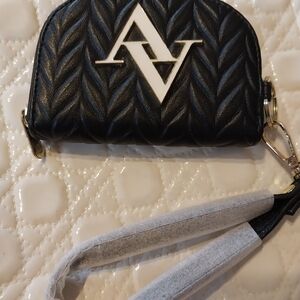Adrienne Vittadini Black Quilted Zip Coin Wallet  with Gold Hardware